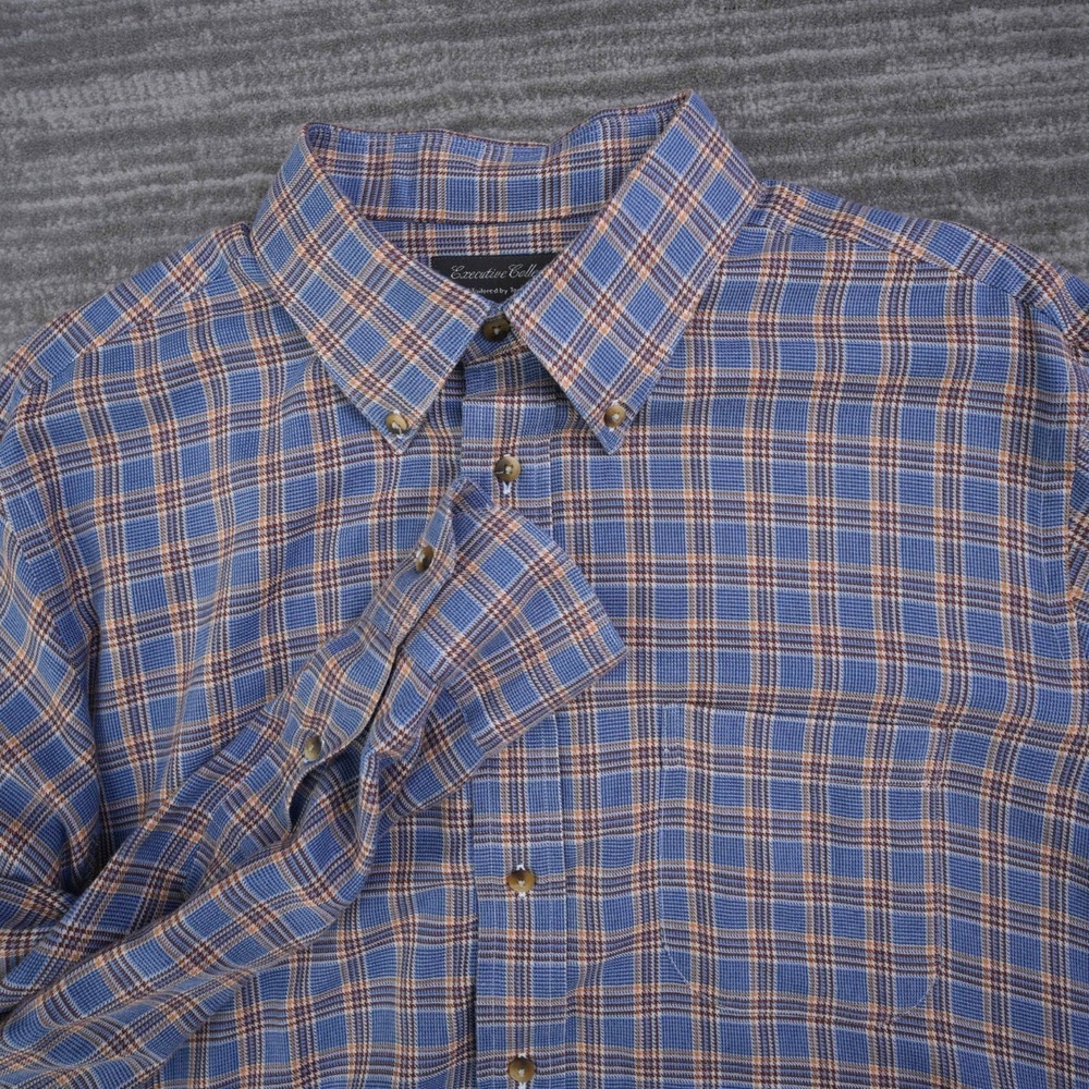 Tom James Shirt Men Button Down Plaid Blue Executive USA Made Long Sleeve 3XL